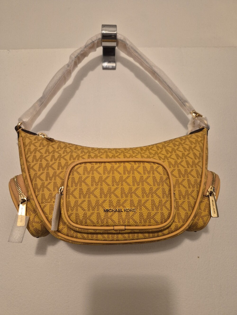 Michael Kors Yellow MK Monogram Crescent Shoulder Bag